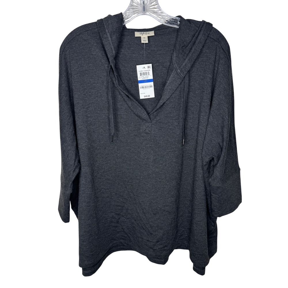 Style & Co Womens PXL Black Heather‎ Pullover Hoodie V-Neck Drawstring Casual
